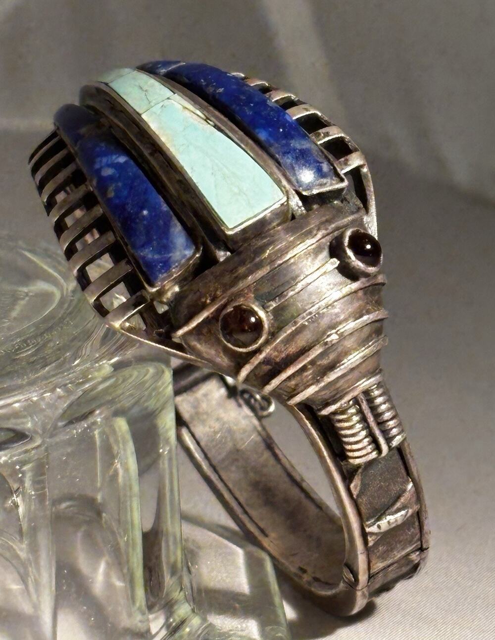 Vintage Sterling Inlay Turquoise/Lapis COBRA Hinged BANGLE w/Garnet Eyes 77g